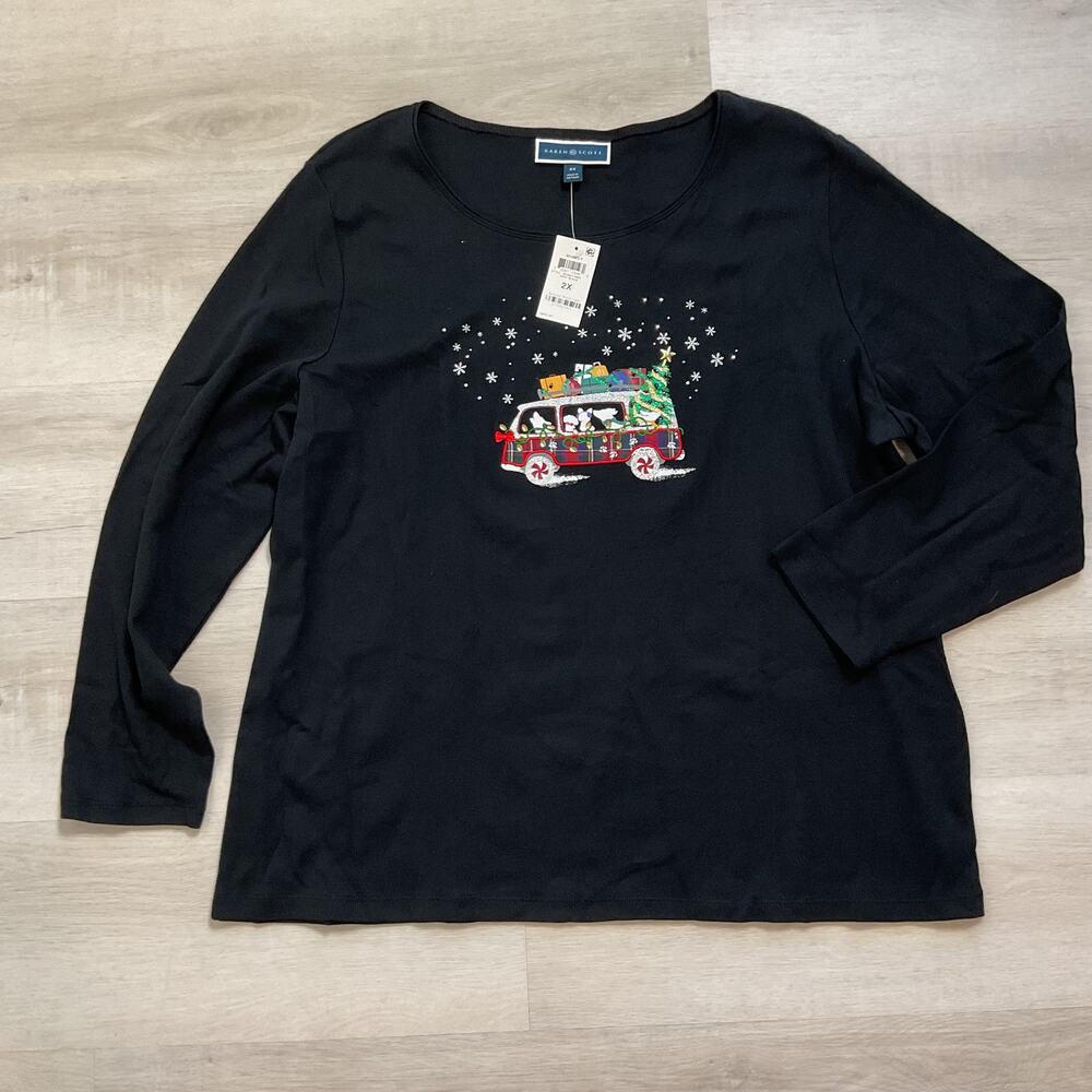 Karen Scott Womens Long Sleeve Crewneck Christmas Tee Dog Black 2X NWT